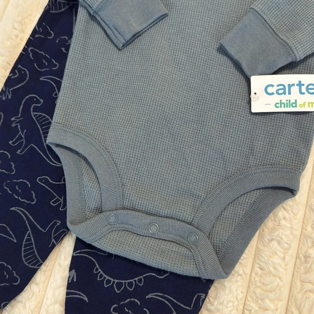 Carter’s Baby Boy Dinosaur 2 Piece Set Blue Waffle Knit Long Sleeve Shirt Pants